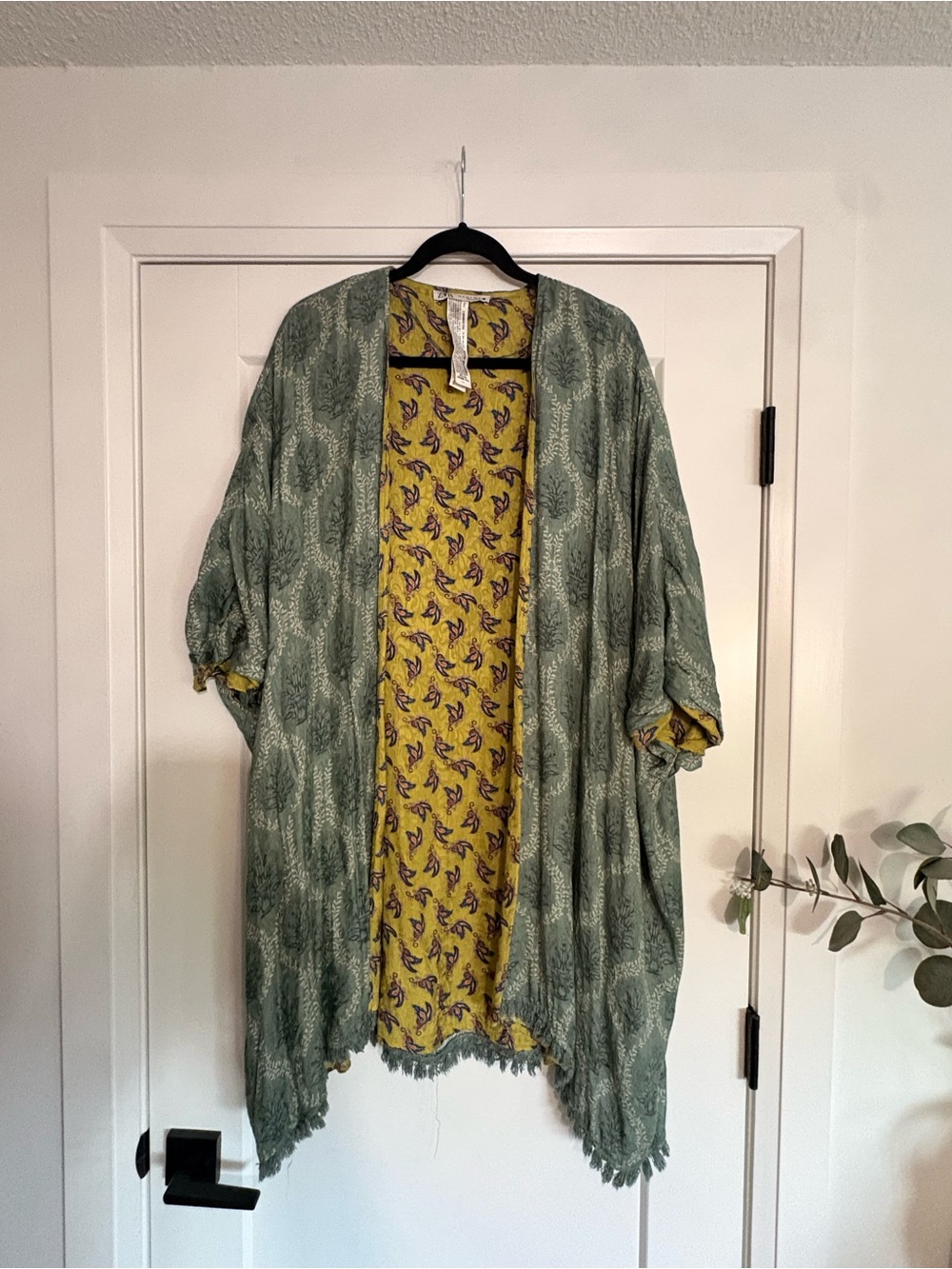 Zara Green Printed Open-Front Kimono with Yellow Printed Lining